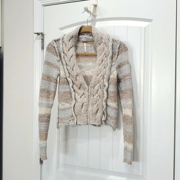 Free People Wool sweater cardigan chunky knit blue stripe twist braid, XS - Picture 2 of 7